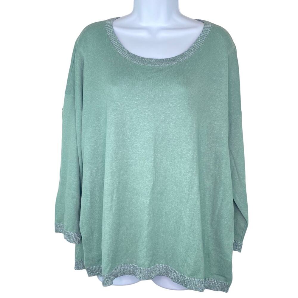 LOFT Women's Long Sleeve‎ Linen Blend Sweater Green Size XL NWT Metallic Trim